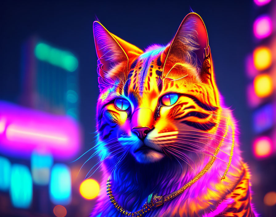 Colorful Digital Artwork: Neon Cat Against Night Cityscape