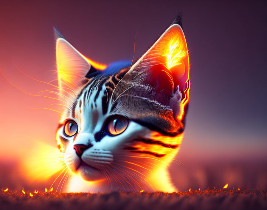 Stylized cat with glowing ears against vibrant sunset