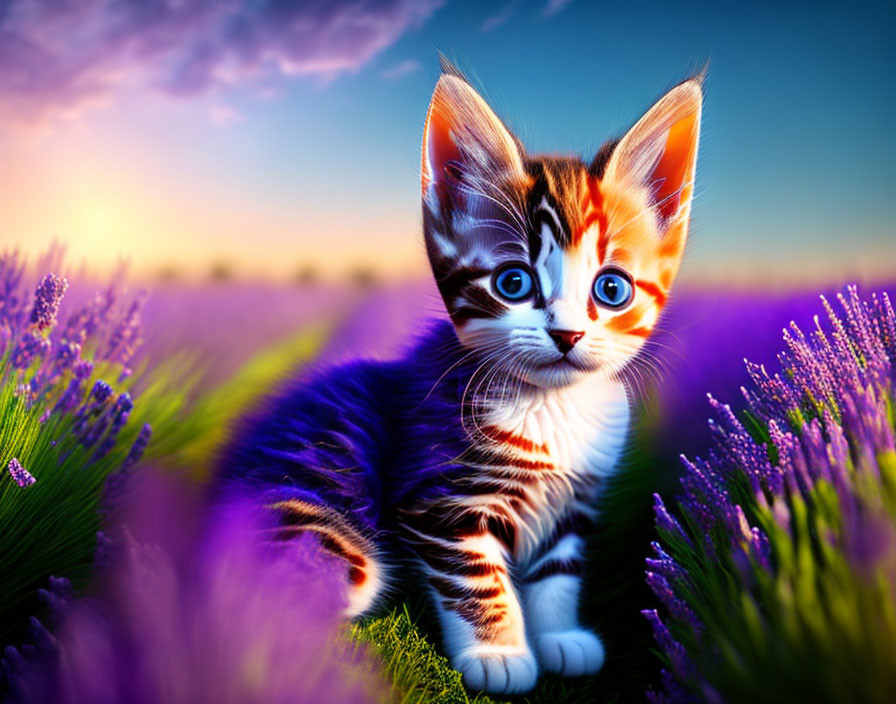 Striped Kitten in Lavender Field at Sunset