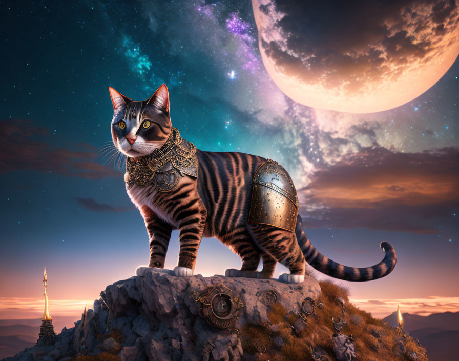 Steampunk-armored cat on rocky outcrop under night sky