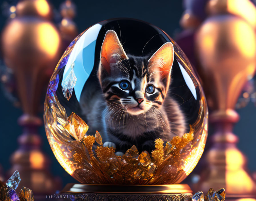 Adorable kitten in crystal ball with golden ornaments on dark blue background