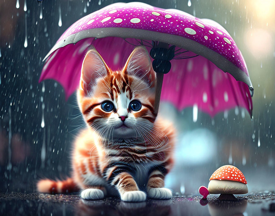 Striped kitten under pink umbrella with red mushroom on wet surface