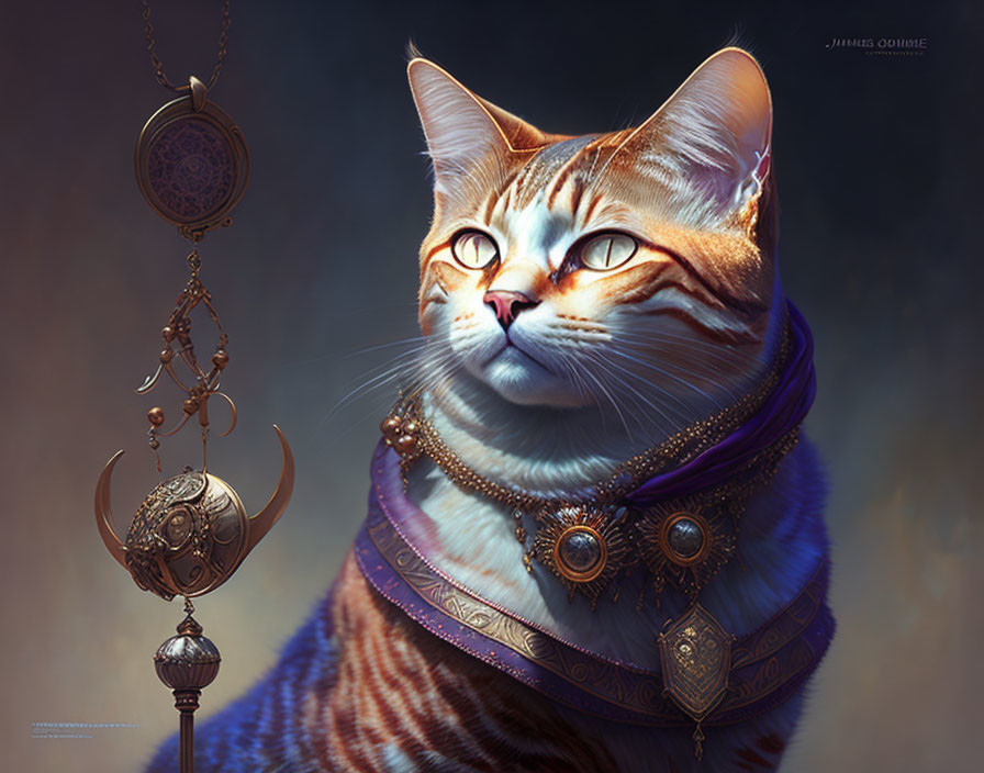 Regal Cat with Golden Jewelry and Mystical Pendant