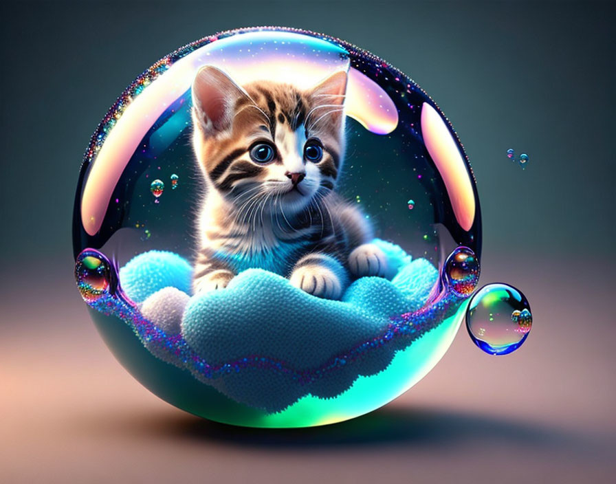 Tabby kitten in transparent bubble on fluffy clouds with multicolored glow