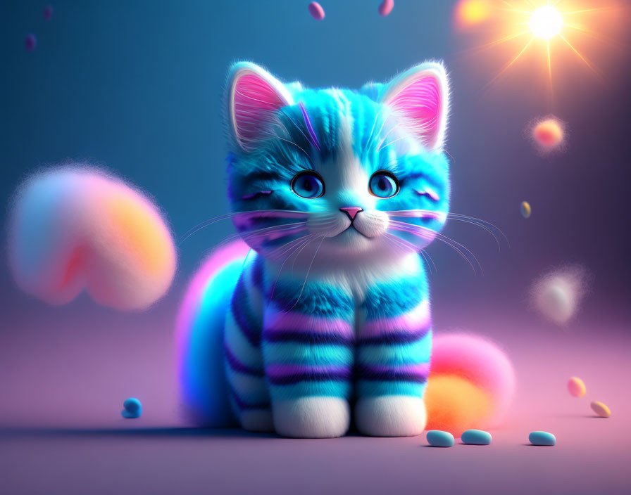 Whimsical 3D illustration of blue striped kitten with sparkling eyes on magical background