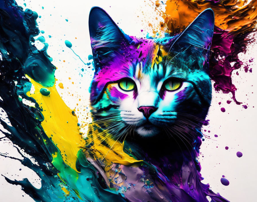 Vibrant cat face digital artwork with colorful paint splashes