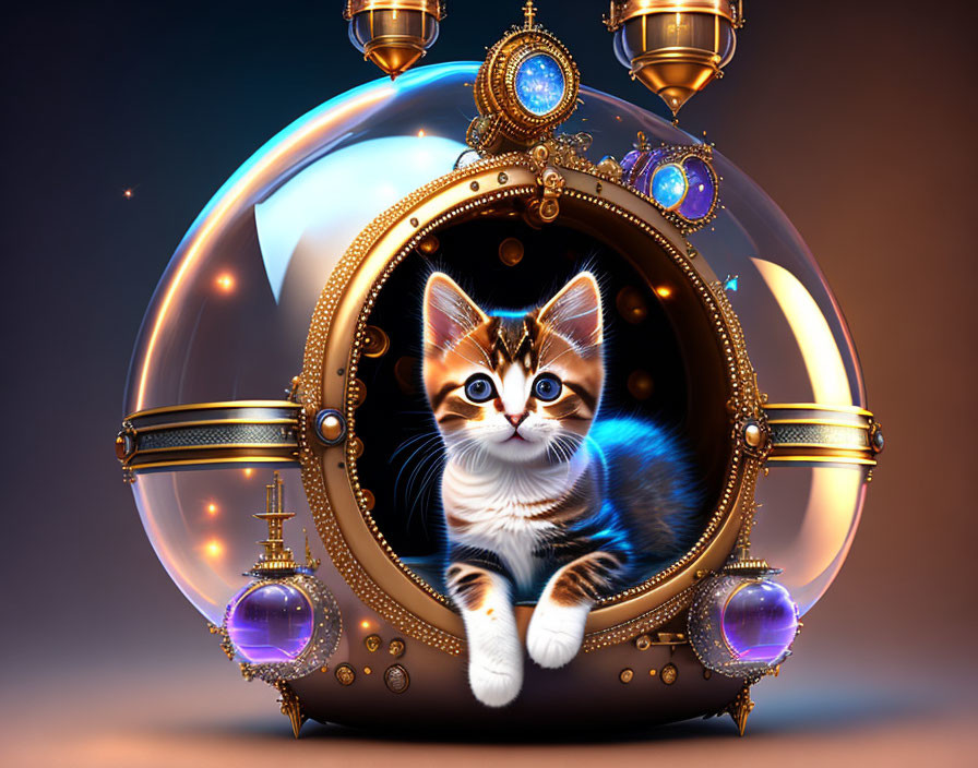 Whimsical kitten in steampunk-inspired spherical pod