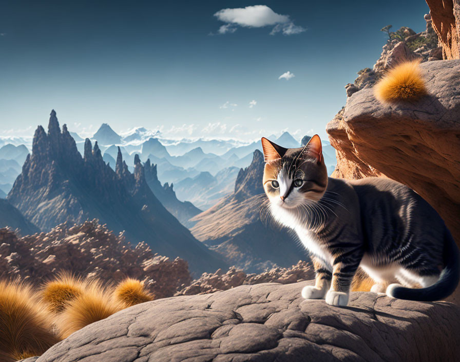 Cat with Striking Markings on Rocky Ledge in Mountain Landscape