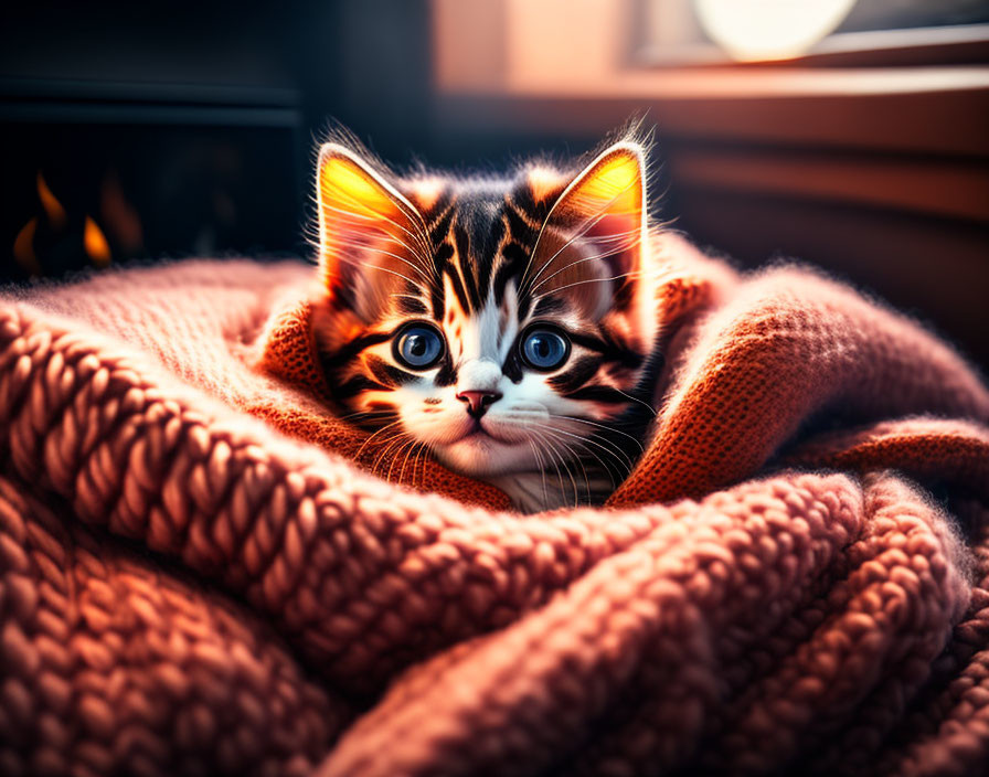 Tabby kitten snuggled in pink blanket by fireplace