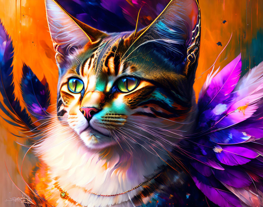 Colorful Cat Artwork with Green Eyes and Feathered Collar on Orange Background