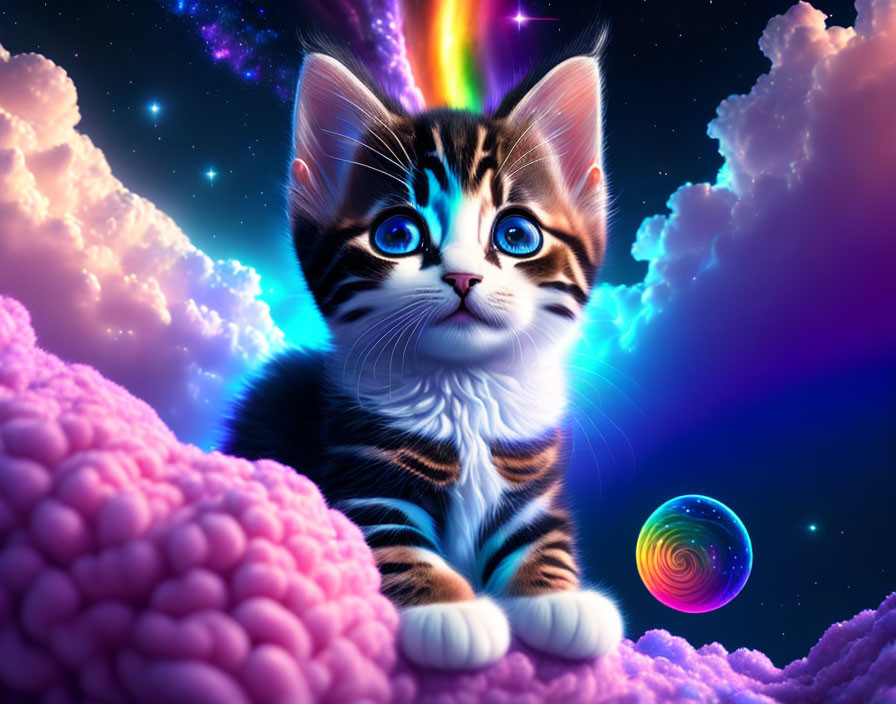 Colorful digital artwork: Kitten with blue eyes on clouds in cosmic scene