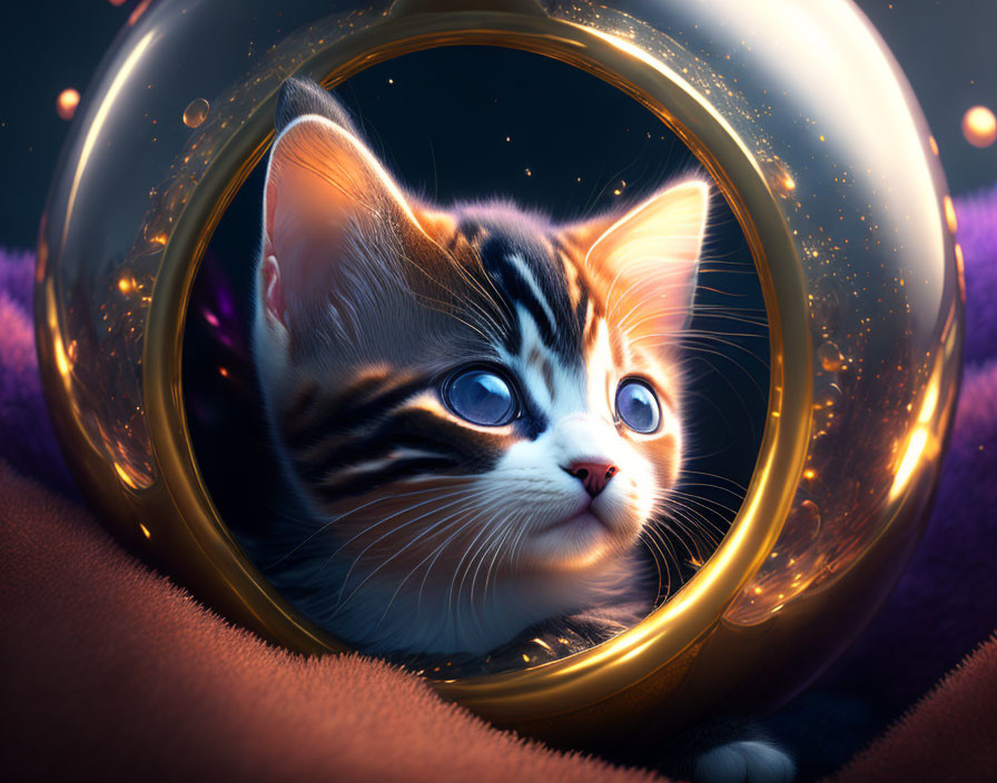 Striped Kitten Peering Through Glowing Sphere in Purple Environment