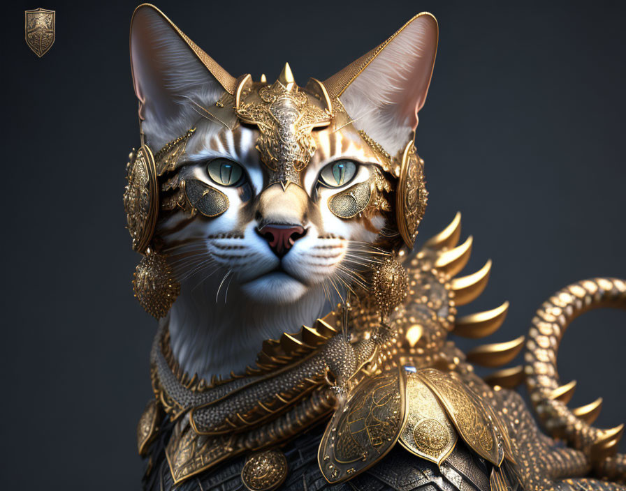 Majestic cat in golden armor with intricate designs