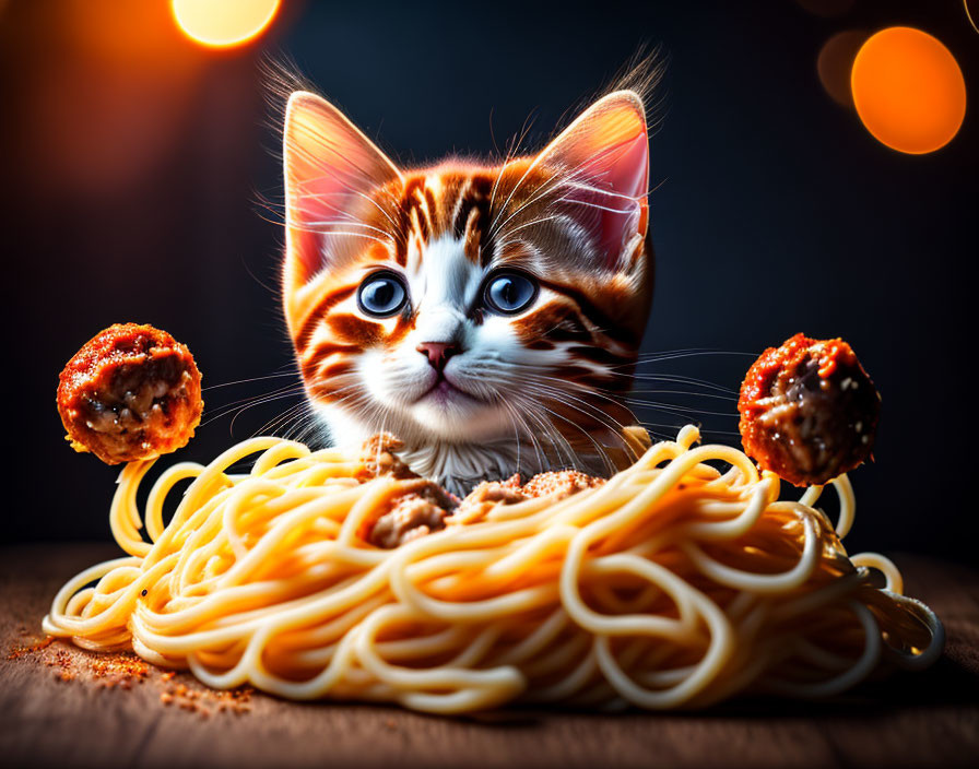 Whimsical cat with large eyes behind spaghetti and meatballs