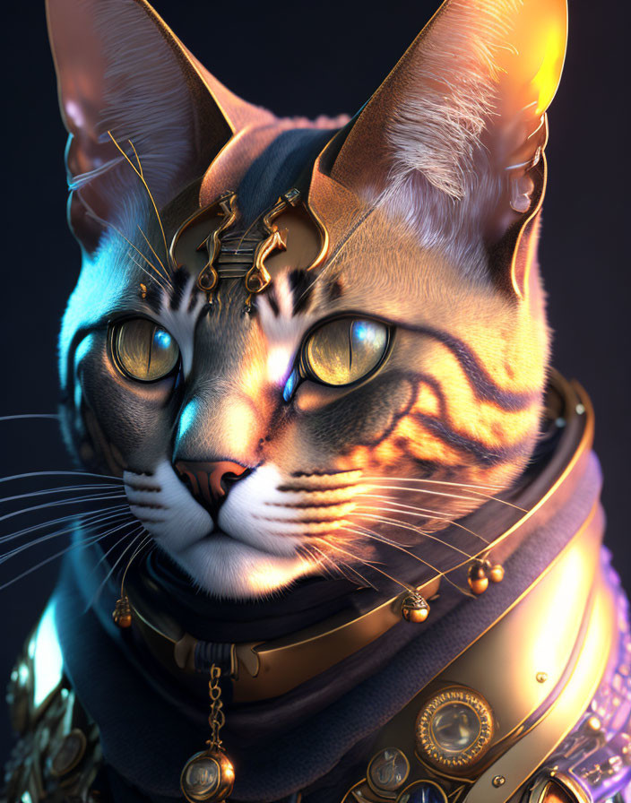 Futuristic cat digital artwork with glowing eyes and intricate golden headgear