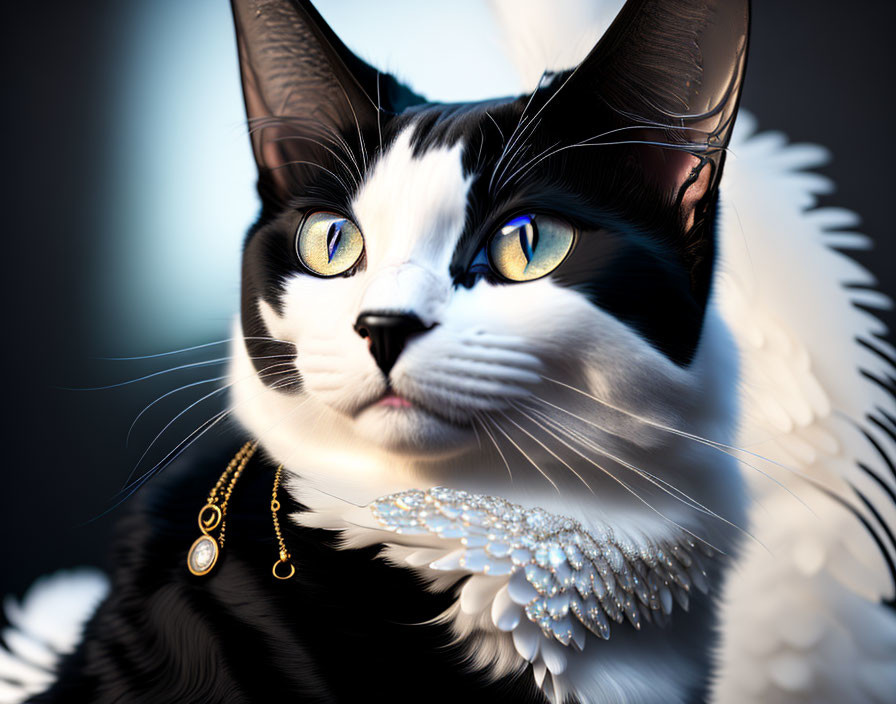 Stylized black and white cat with yellow eyes and golden pendant in close-up.