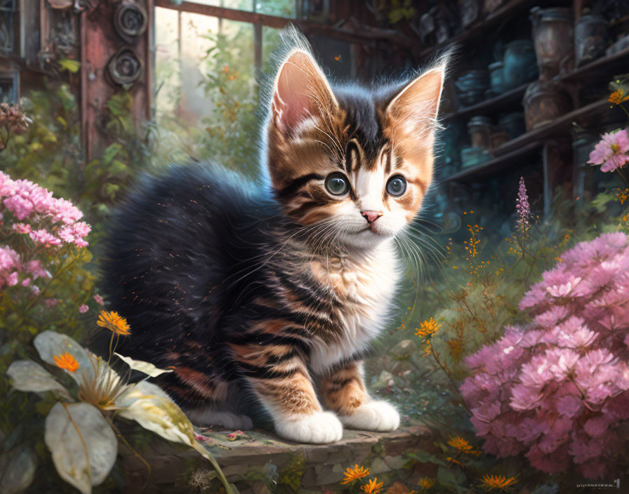 Fluffy tabby kitten amidst colorful garden flowers