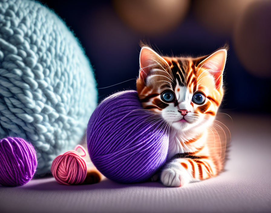 Striped Orange Kitten with Yarn Balls on Soft Surface