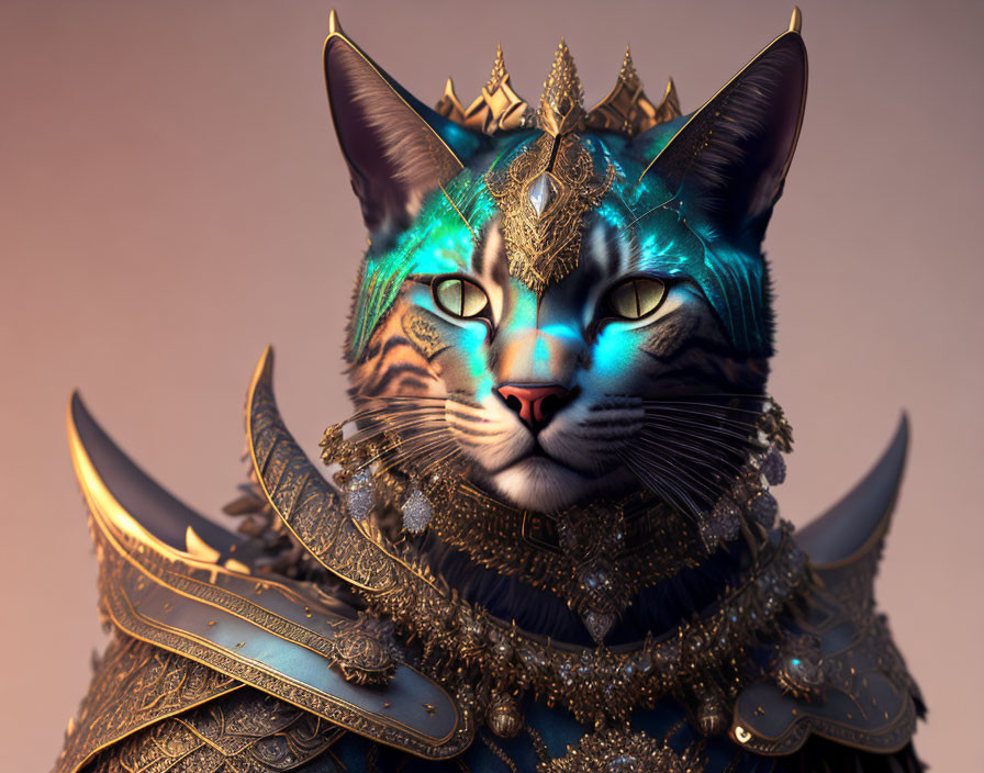 Majestic cat with blue fur in cosmic armor and crown