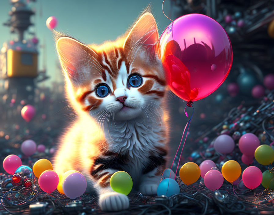 Animated kitten with blue eyes, pink nose, colorful balls, and red balloon