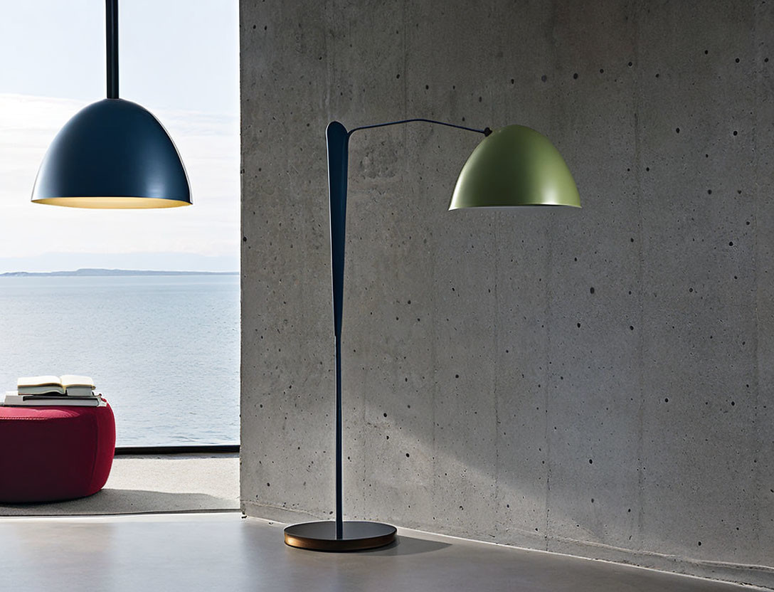 Contemporary Interior with Floor Lamp, Pendant Lights, Concrete Wall, Sea View