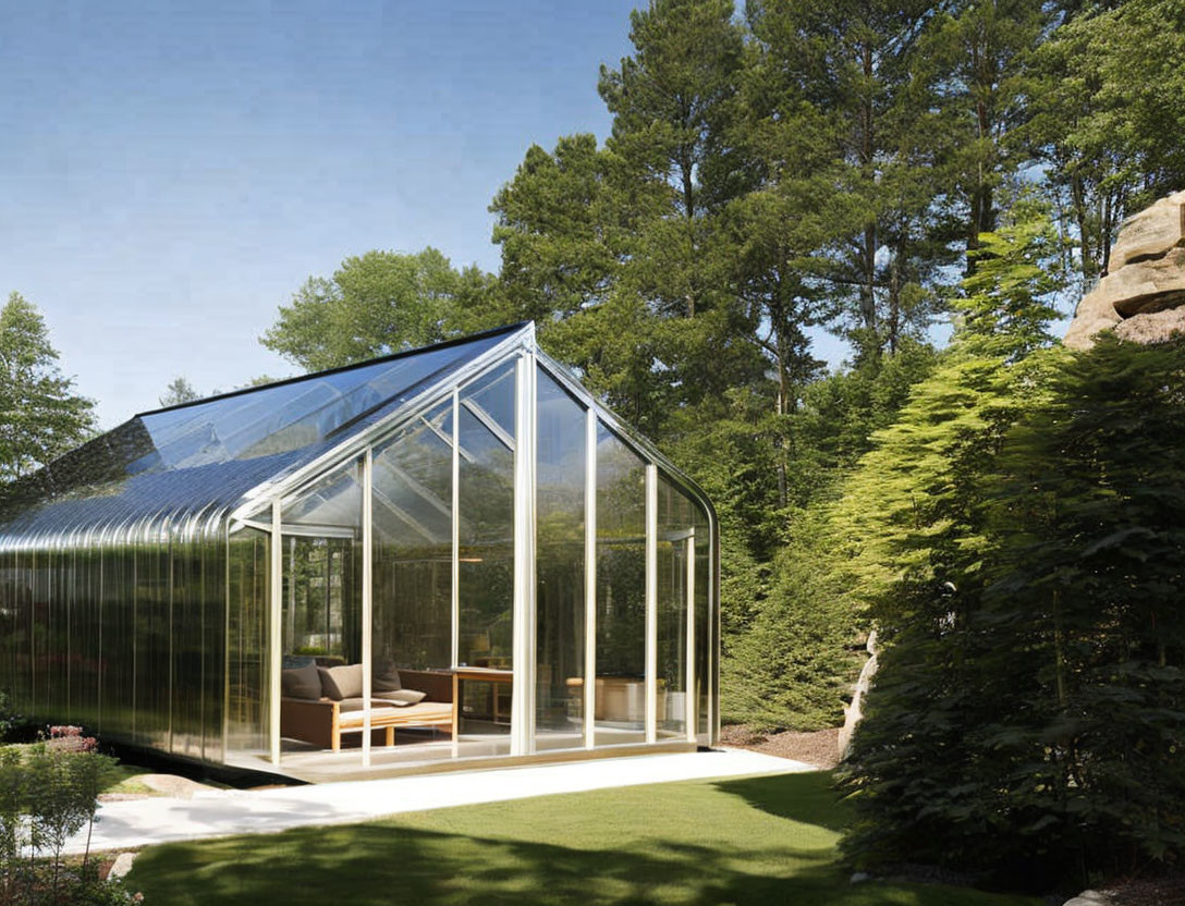 Transparent modern greenhouse surrounded by tall trees and lush greenery