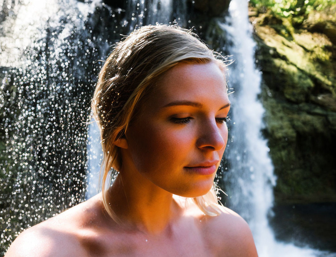 Serene person with closed eyes by sunlit waterfall