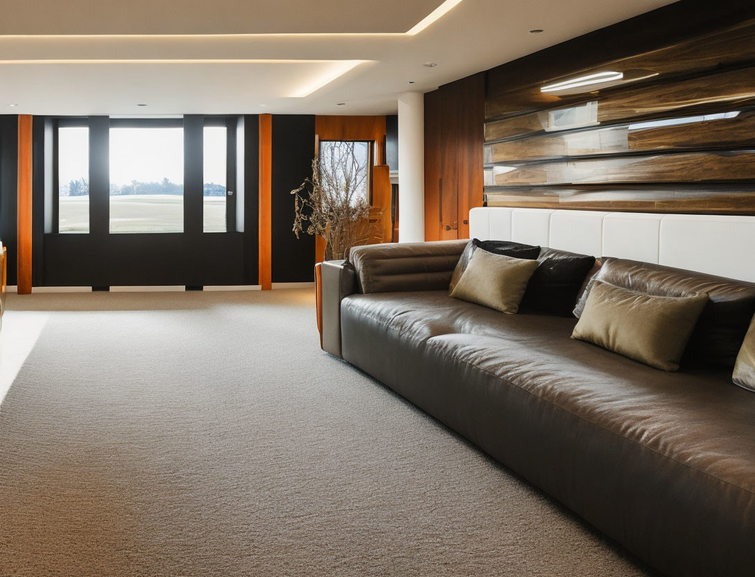 Spacious modern living room with large windows, dark leather sofa, wooden wall panels, and carpeted