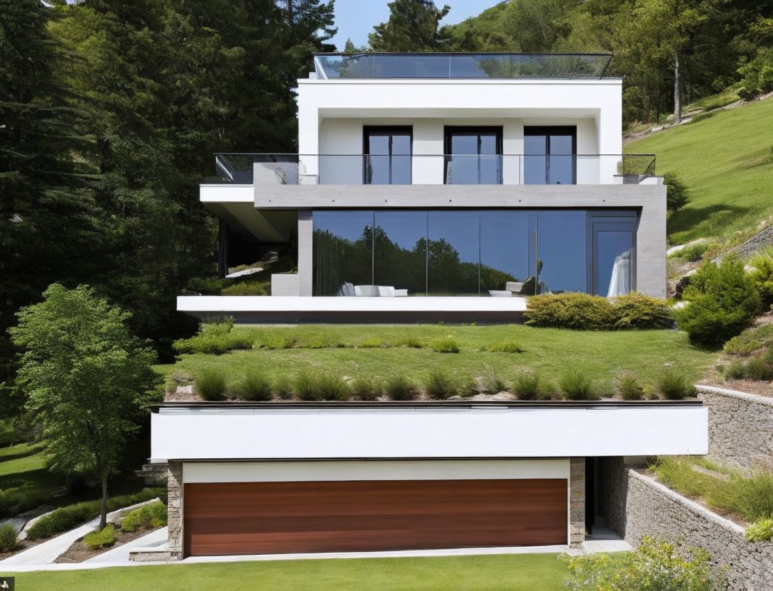 Contemporary multi-story house with large windows, flat roof, and green roof above a wooden garage door