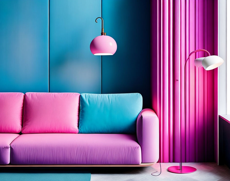 Contemporary Interior with Gradient Sofa & Pink Decor