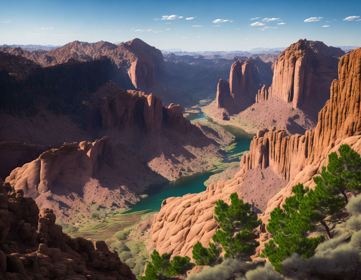 Scenic river flowing through red rock canyon with lush greenery