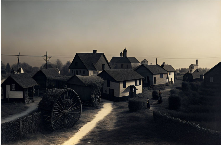 Sepia-Toned Rural Village Scene with Dirt Road and Wooden Houses at Dusk