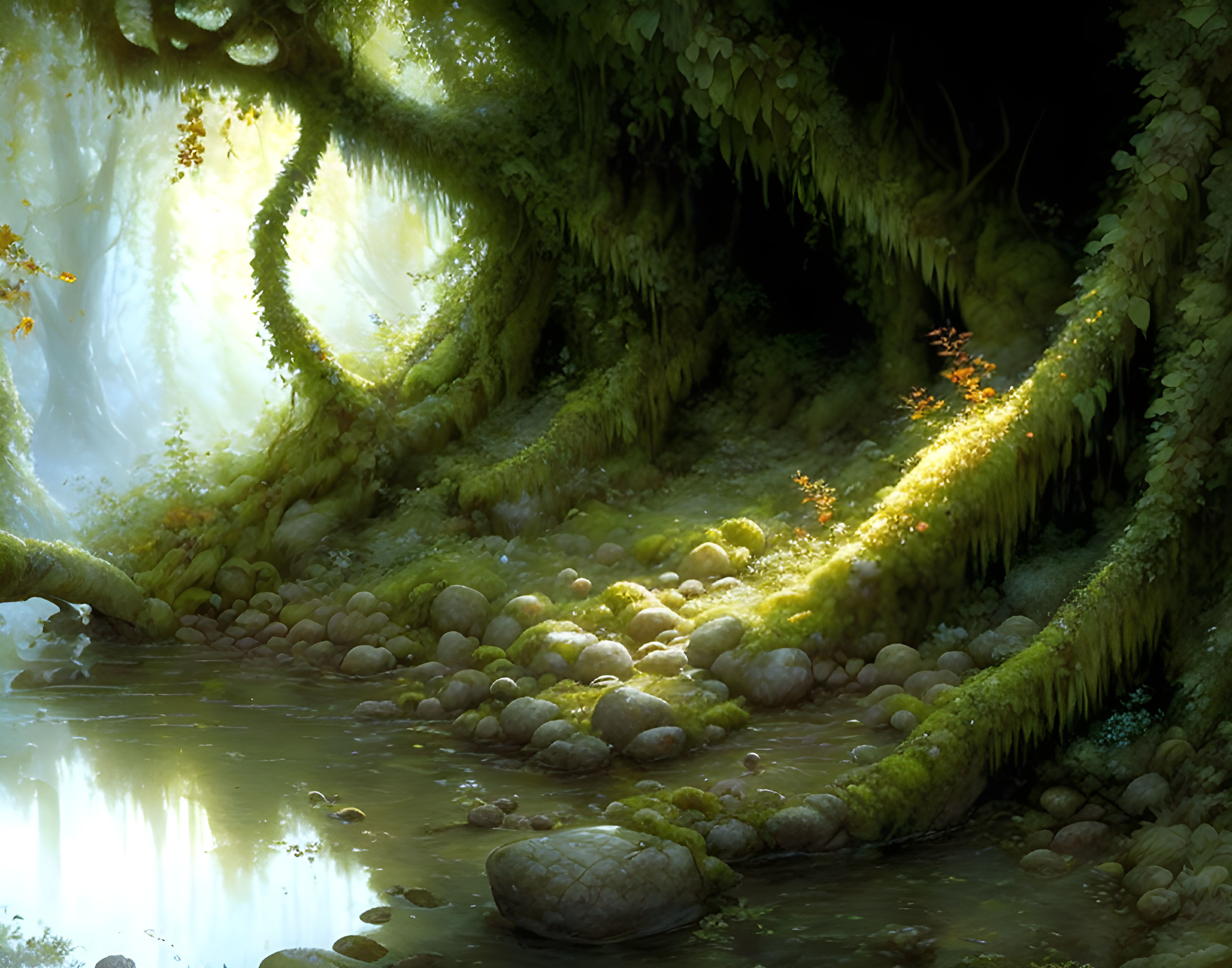 Sunlit Enchanted Forest Scene with Pond and Mossy Floor