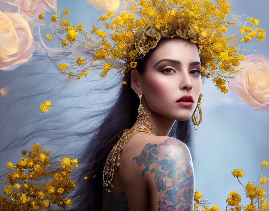 Woman with floral headpiece and tattoos surrounded by delicate yellow flowers on serene blue backdrop