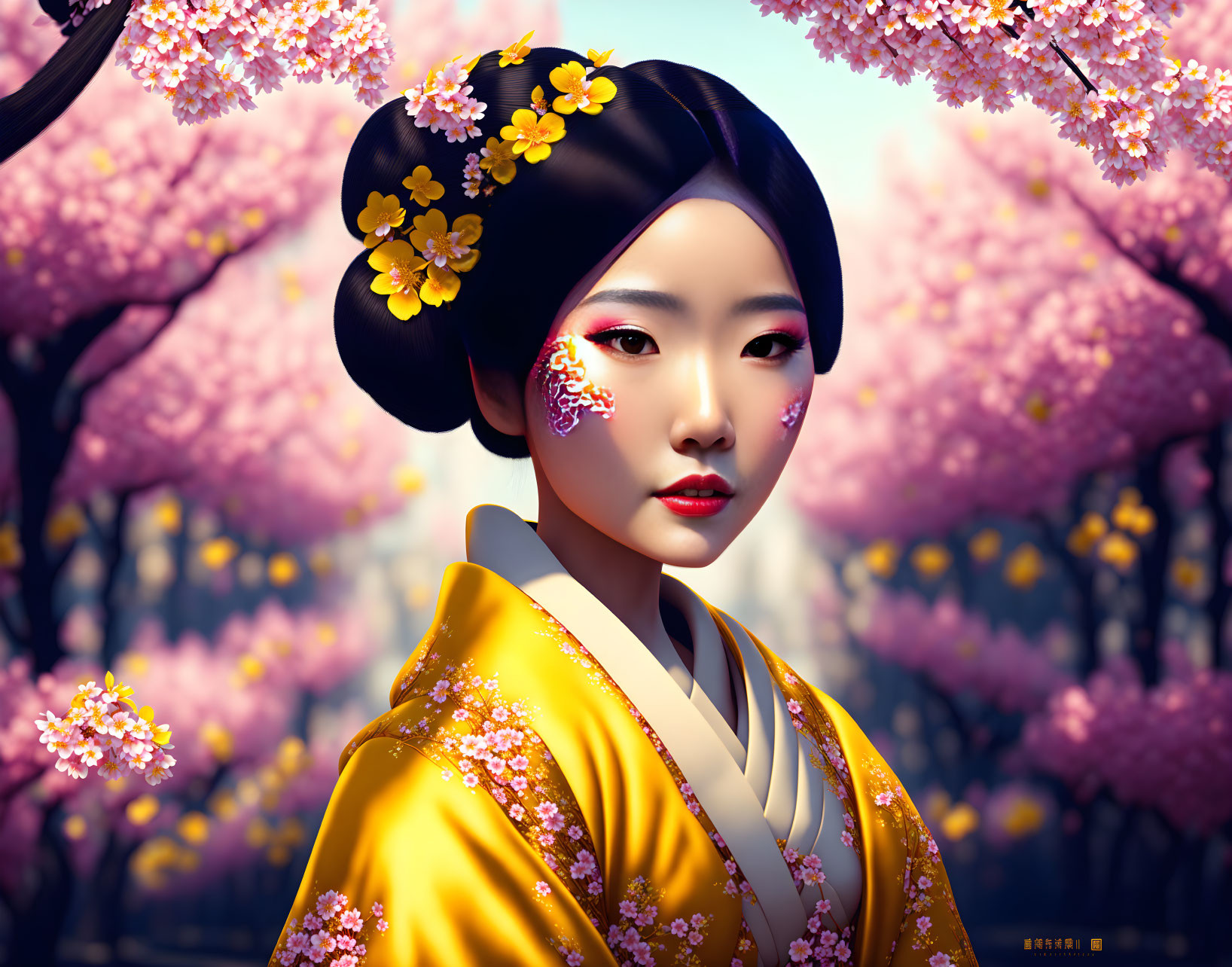 Traditional Japanese Attire Woman Among Cherry Blossoms