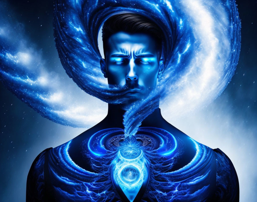 Man with Glowing Blue Eyes Surrounded by Cosmic Spirals and Fractals