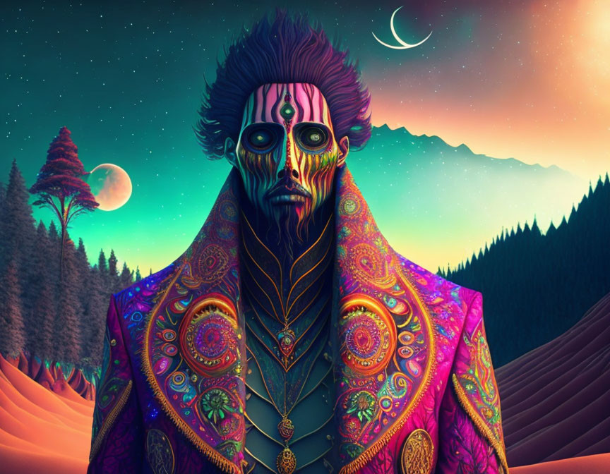 Colorful Psychedelic Portrait with Skull-like Features in Surreal Landscape