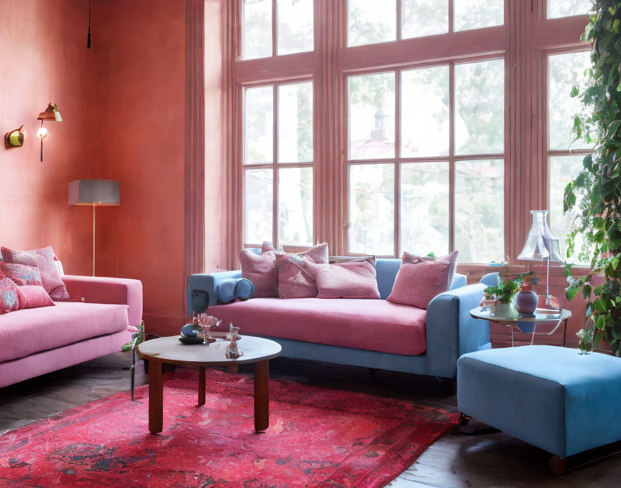 Coral-themed living room with pink and blue decor and vintage lighting