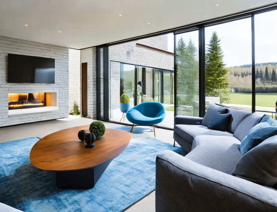 Spacious modern living room with large windows, fireplace, blue rug, wooden center table, grey sofa