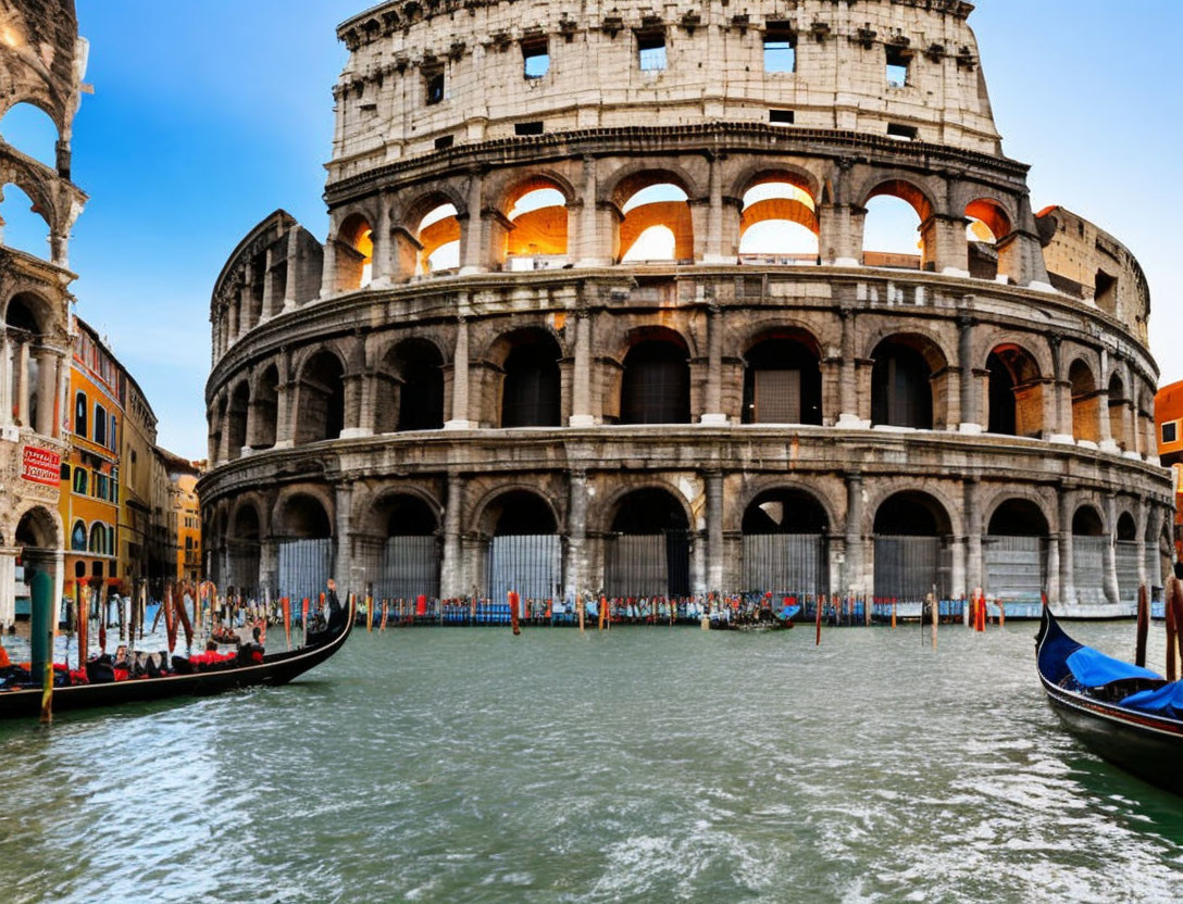 Gondolas on Water in Front of Colosseum on Clear Day