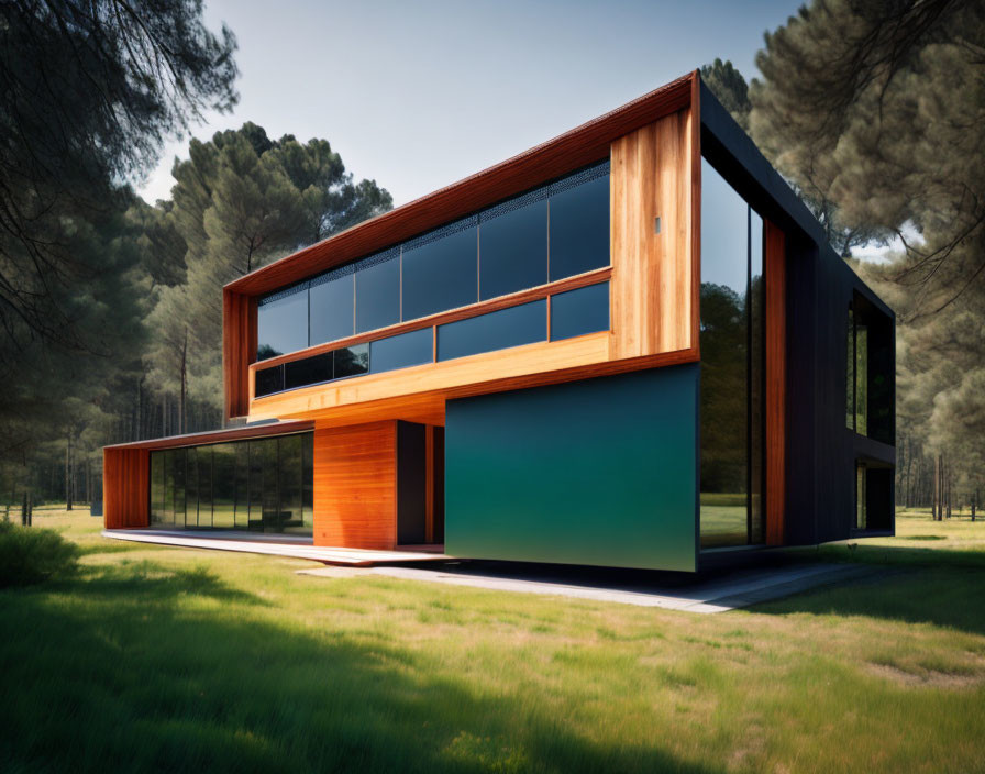 Spacious two-story house with large windows and wooden exterior panels in forest clearing