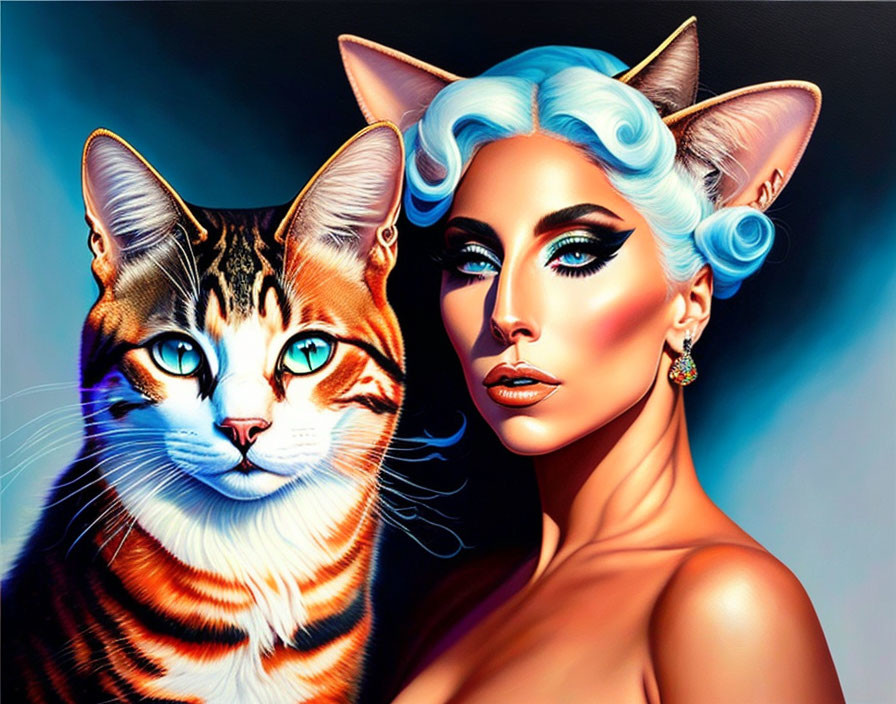 Colorful artwork of woman and cat with matching eye colors and bold makeup.