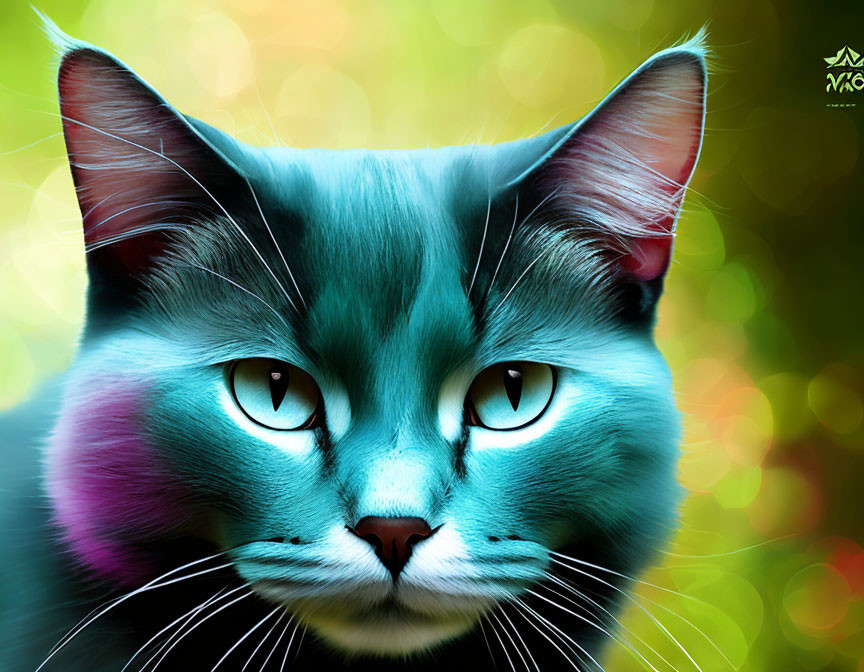 Fantastical blue cat with striking green eyes on blurred green and yellow backdrop