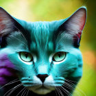 Fantastical blue cat with striking green eyes on blurred green and yellow backdrop