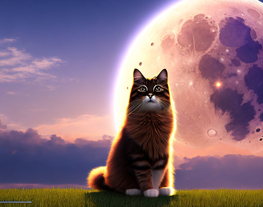 Cat Sitting on Grass Under Large Moon and Twilight Sky