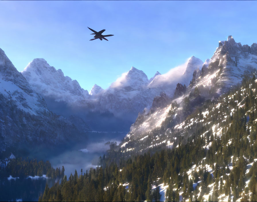 Jet flying over snowy mountain peaks and dense forest in sunlight.