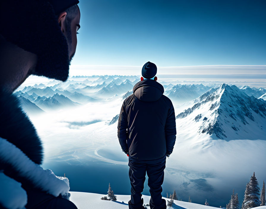 Snowy mountaintop view of snow-capped peaks under clear blue sky