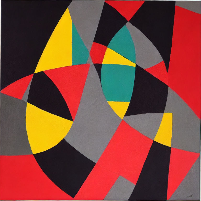 Colorful abstract geometric painting with red, yellow, green shapes intersected by black & grey.