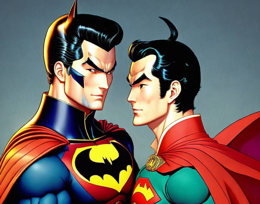 Animated superheroes in bat-themed and red cape costumes face off in confrontational pose