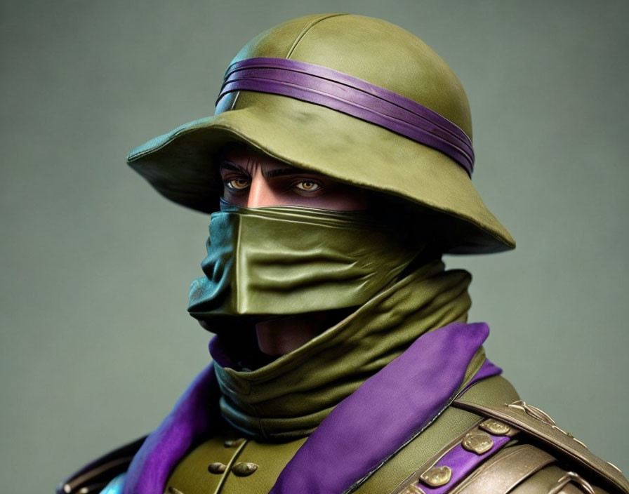 Stylized green helmet and mask with purple band and scarf, focused eyes.